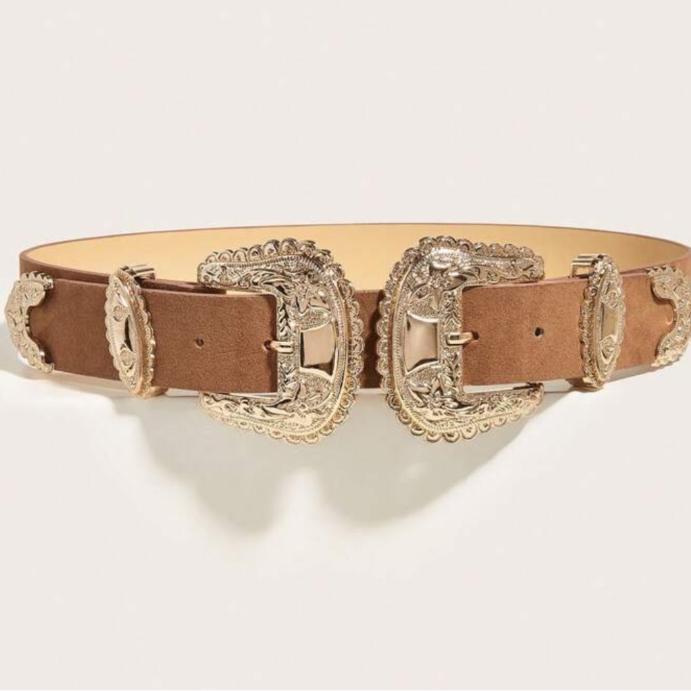 Western Double Buckle Belt in Tan Faux Suede with Ornate Gold Hardware
